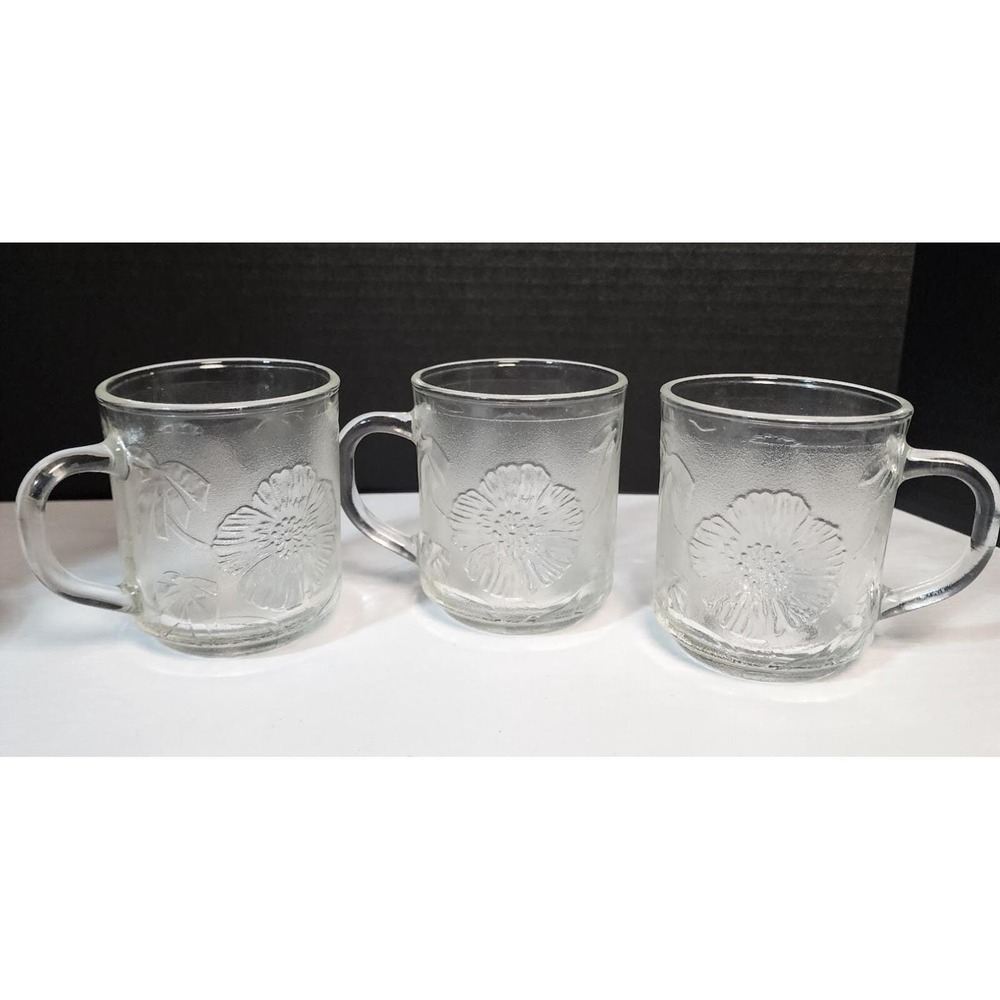 Vintage Hibiscus Floral KIG Group Mugs Set of 4 Pressed Glass Clear Indonesia